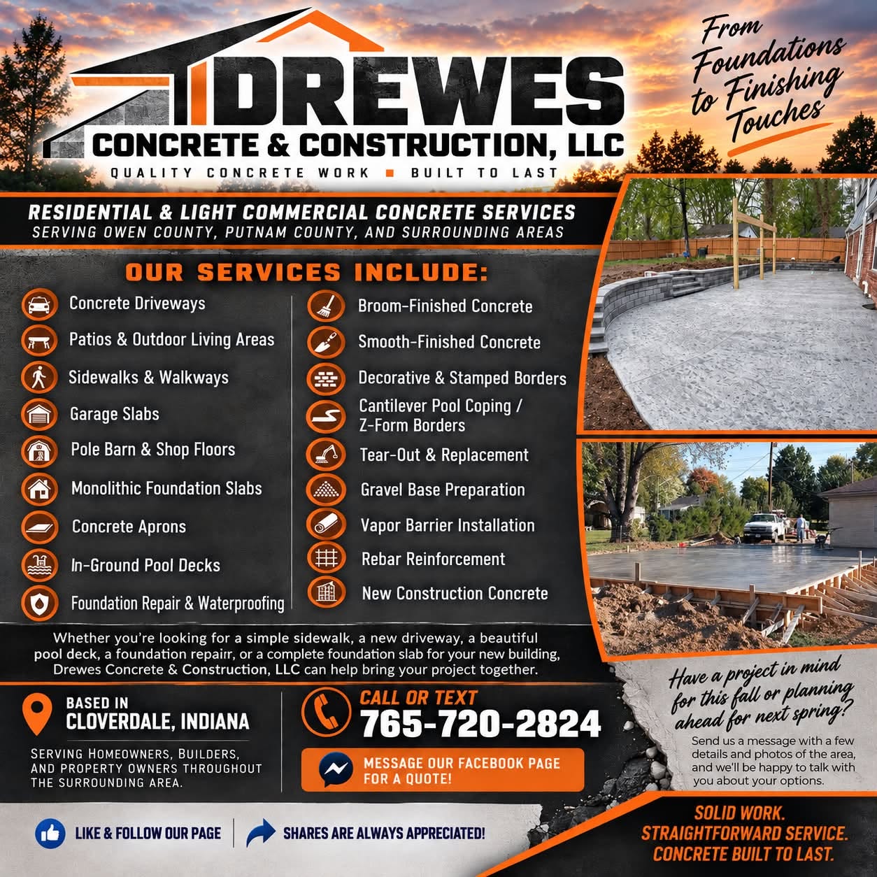 Drewes Concrete & Construction promotional graphic listing residential and light commercial concrete services